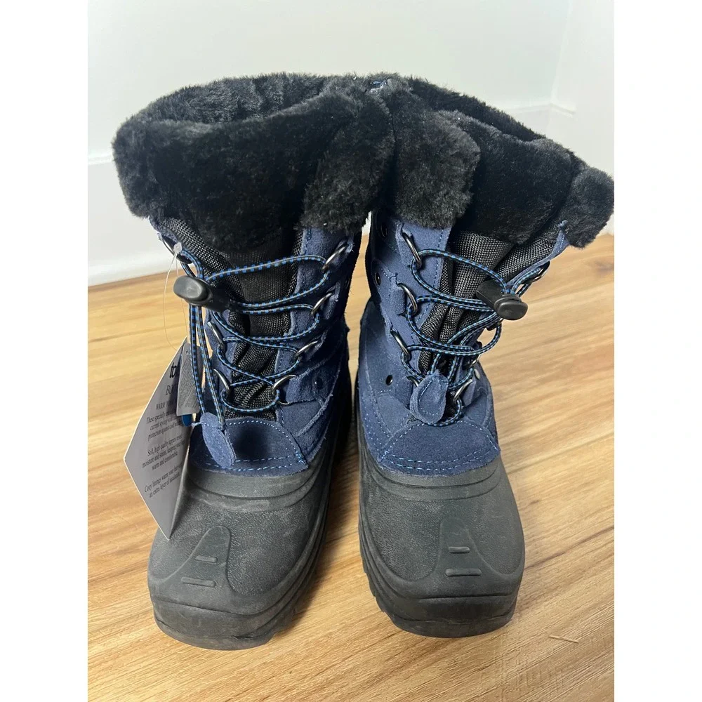Totes Liam Snow Boots Kids 3 Navy Blue Suede Faux Fur Lined Waterproof Winter